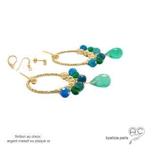 grandes boucles d'oreilles pendantes vertes en plaqué or ou en argent avec pampilles en pierres naturelles