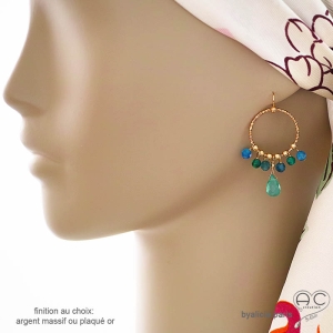 Boucles d'oreilles anneaux avec pampilles en agate verte et apatite, plaqué or ou argent, fait main, création by Alicia