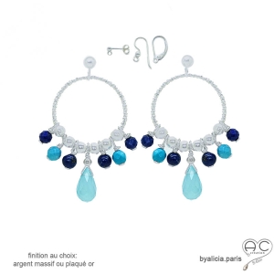 boucles d'oreilles anneaux en argent massif avec pampilles en calcédoine bleue et lapis-lazuli, boucles femme fait main