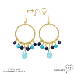 boucles d'oreilles anneaux diamantées en plaqué or avec pampilles en calcédoine bleue et lapis-lazuli, boucles femme fait main