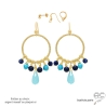 boucles d'oreilles anneaux diamantées en plaqué or avec pampilles en calcédoine bleue et lapis-lazuli, boucles femme fait main