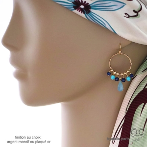 Boucles d'oreilles anneaux avec pampilles en calcédoine bleue et lapis-lazuli, plaqué or, création by Alicia