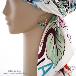 grandes boucles d'oreilles créateur femme pendantes en plaqué or et pierres naturelles bleue