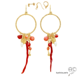 boucles d'oreilles anneaux en plaqué or avec pampilles en corail rouge véritable, boucles femme pendantes longues