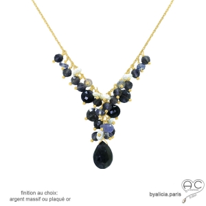 collier bleu marine femme pampilles en pierre naturelle saphir d'eau iolite sur une chaîne en argent ou plaqué or