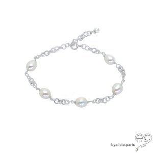 bracelet perles de culture d'eau douce blanches sur une chaîne maillon rond en argent massif 925 rhodié, fait main