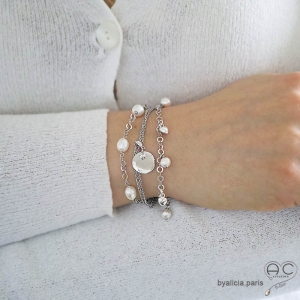 bracelet créateur femme en argent et perles de culture d'eau douce blanches réalisé à la main