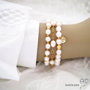 bracelet perles naturelles blanches et plaqué or réalisé à la main en France