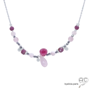 collier quartz rose, tourmaline rose, argent massif rhodié, ras de cou femme en pierres naturelles roses, fait main