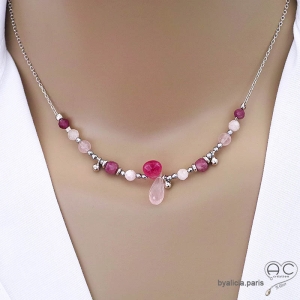 Collier quartz rose et méli-mélo de pierres naturelles roses, argent rhodié, fait main, création by Alicia