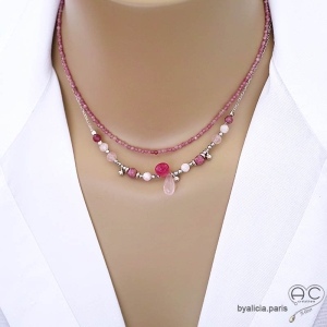 Collier quartz rose et méli-mélo de pierres naturelles roses, argent rhodié, fait main, création by Alicia