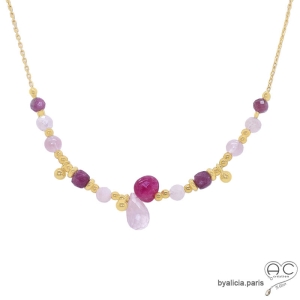 collier quartz rose, tourmaline rose, plaqué or, ras de cou femme en pierres naturelles roses, fait main