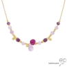 collier quartz rose, tourmaline rose, plaqué or, ras de cou femme en pierres naturelles roses, fait main