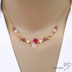 Collier quartz rose et méli-mélo de pierres naturelles roses, plaqué or, fait main, création by Alicia