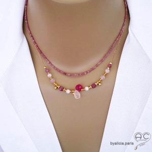 ras de cou rose femme en pierre quartz rose et plaqué or réalisé à la main en France