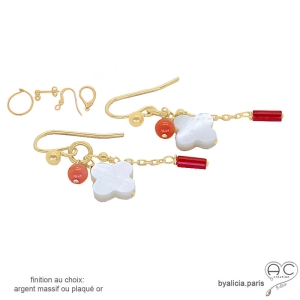 Boucles d'oreilles pampille en nacre et corail, plaqué or ou argent, création by Alicia