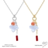 collier pendantif trèfle en nacre blanc et pampilles en racine de corail, plaqué or ou argent massif, ras de cou femme fait main