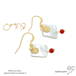 Boucles d'oreilles nacre et corail, plaqué or ou argent, fait main, création by Alicia