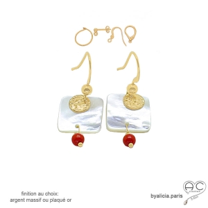 boucles d'oreilles pendantes en plaqué or, nacre blanc et corail, réalisées à la main en France
