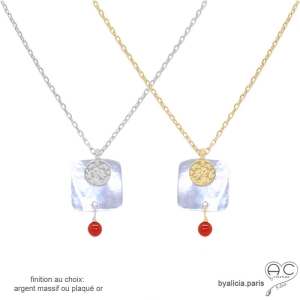 ras du cou avec pendentif en nacre blanc et médaille en plaqué or ou argent, pampille en racine de corail fin fait main