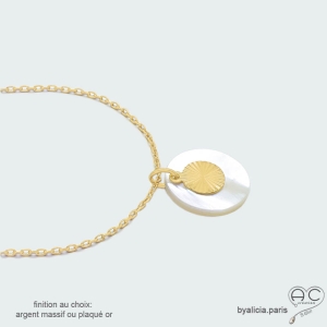 pendentif nacre blanche plaqué or ou argent ras du cou blanc or femme fait sur mesure en France