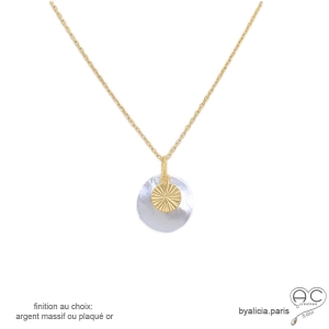 nacre blanche ras de cou pendentif plaqué or ou argent nacre médaille soleil or fabriqué à la main en France