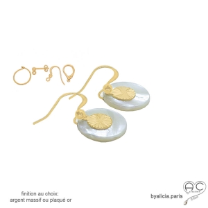 boucles d'oreilles en nacre blanche ronde et médaille en plaqué or ou en argent,boucles pendantes femme fait main