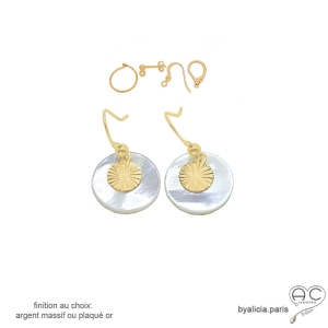 boucles d'oreilles blanches femme en nacre et plaqué or ou argent réalisées à la main sur mesure