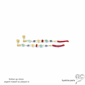 boucles d'oreilles multicolore femme en pierres naturelles et corail rouge plaqué or ou argent