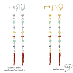 Boucles d'oreilles corail véritable et pierres semi-précieuses multicolores, plaqué or ou argent, fait main, création by Alicia