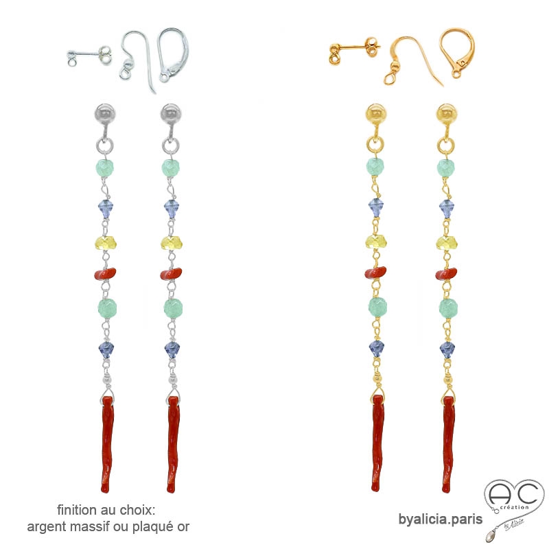 Boucles d'oreilles corail véritable et pierres semi-précieuses multicolores, plaqué or ou argent, fait main, création by Alicia Boucles d'oreilles corail véritable et pierres semi-précieuses multicolores, plaqué or ou argent, fait main, création by Alicia