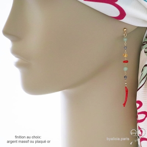 boucles d'oreilles corail véritable et pierres semi-précieuses plaqué or ou argent, boucles femme multicolore longues