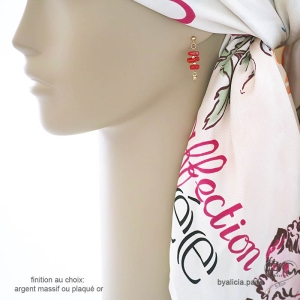 bijoux boucles d'oreilles femme pendantes rouges en corail véritable et plaqué or ou argent