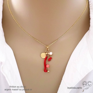Collier pampilles en corail véritable, perle de culture d'eau douce, plaqué or ou argent, création by Alicia