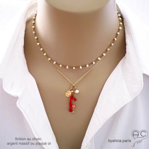 bijoux artisanaux créateur corail rouge collier ras du cou plaqué or ou argent pendentif rouge femme raffiné
