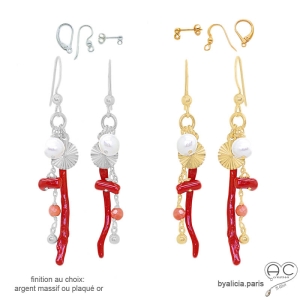 Boucles d'oreilles pampilles en corail véritable, perle de culture d'eau douce, plaqué or ou argent, création by Alicia