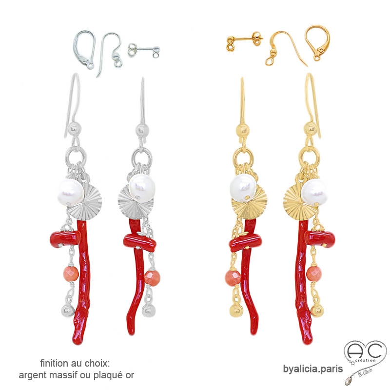 Boucles d'oreilles pampilles en corail véritable, perle de culture d'eau douce, plaqué or ou argent, création by Alicia Boucles d'oreilles pampilles en corail véritable, perle de culture d'eau douce, plaqué or ou argent, création by Alicia