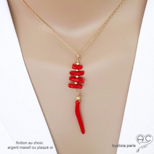 Ras de cou avec long pendentif en corail véritable rouge, plaqué or ou argent, création by Alicia