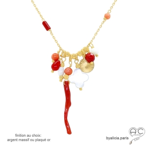 Ras de cou avec pampilles en corail véritable et nacre sur une chaîne en argent, création by Alicia