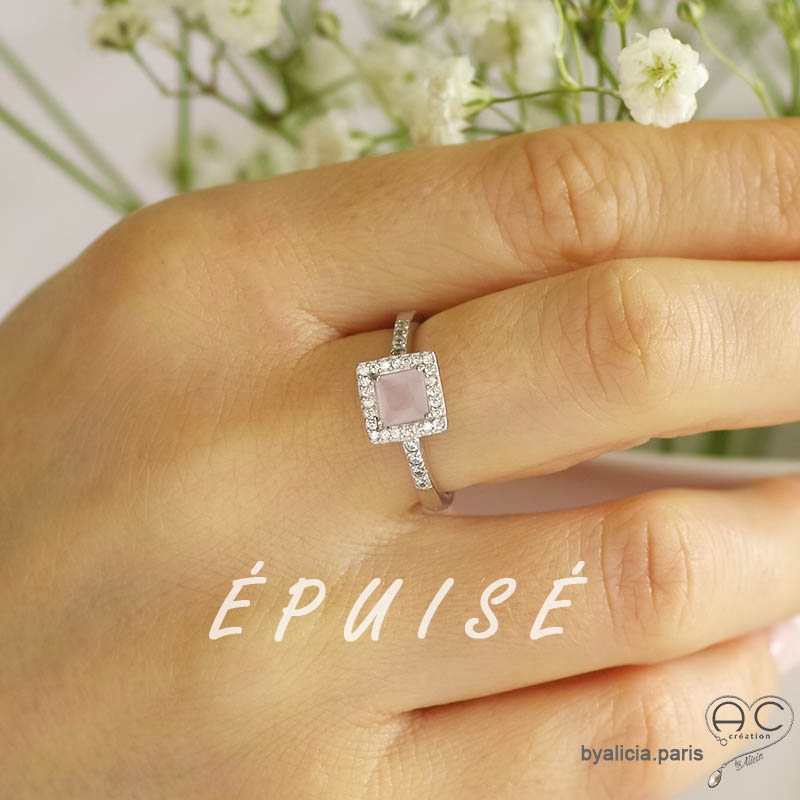 Bague quartz rose carrée et zirconium brillant, argent massif rhodié, femme Bague quartz rose carrée et zirconium brillant, argent massif rhodié, femme