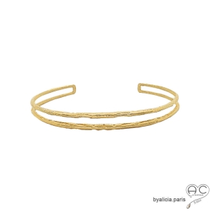 Bracelet jonc ouvert, double rang en plaqué or martelé, chic, femme