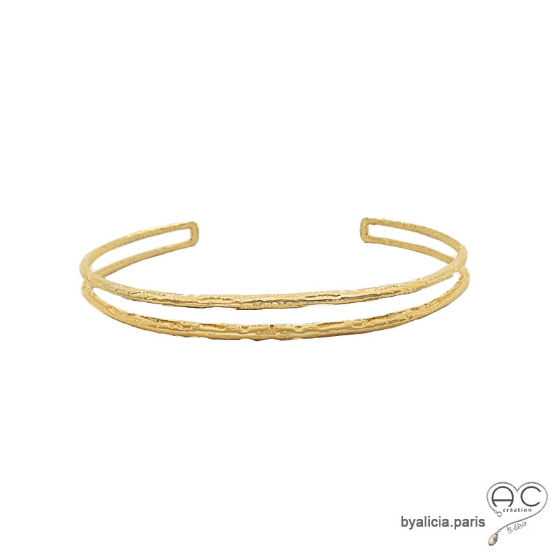 Bracelet jonc ouvert, double rang en plaqué or martelé, chic, femme Bracelet jonc ouvert, double rang en plaqué or martelé, chic, femme