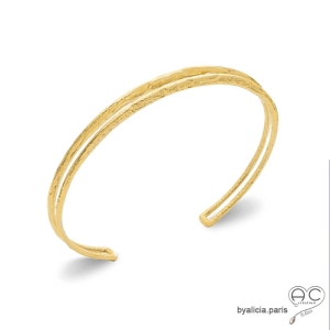 Bracelet jonc femme en plaqué or, ouvert, double rang, martelé,