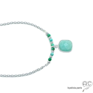 Collier amazonite entouré des petits turquoises sur une chaîne en argent massif, ras de cou, création by Alicia