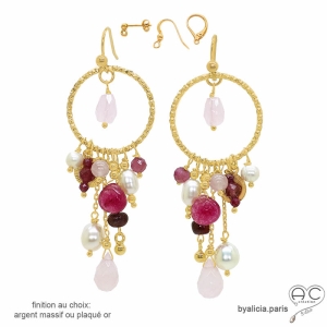 boucles d'oreilles pendantes, anneau diamanté en plaqué or avec pampilles en pierres semi-précieuses roses, fait main en France