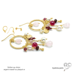 boucles d'oreilles créateur en plaqué or ou argent pendantes femme en pierres semi-précieuses roses