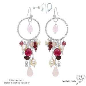 boucles d'oreilles pendantes, anneau diamanté en argent avec pampilles en pierres semi-précieuses roses, fait main en France