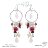 boucles d'oreilles pendantes, anneau diamanté en argent avec pampilles en pierres semi-précieuses roses, fait main en France