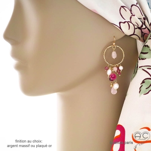 boucles d'oreilles roses femme, anneau avec pampilles en quartz rose et pierres naturelles fait sur mesure