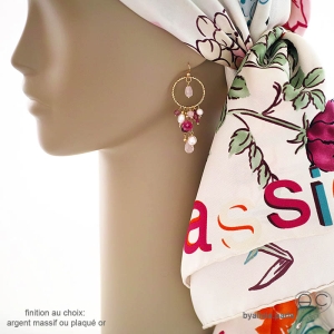 boucles d'oreilles orginales pendantes longues roses femme en pierres naturelles et plaqué or  ou argent fait main sur mesure